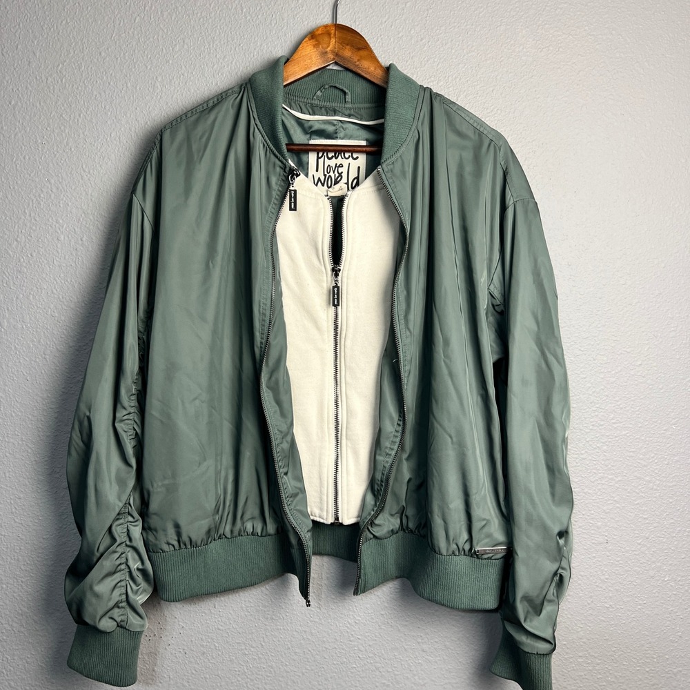 Peace Love World Pooch Bomber Jacket Lightweight Ruched Sleeve Olive Green Sz S